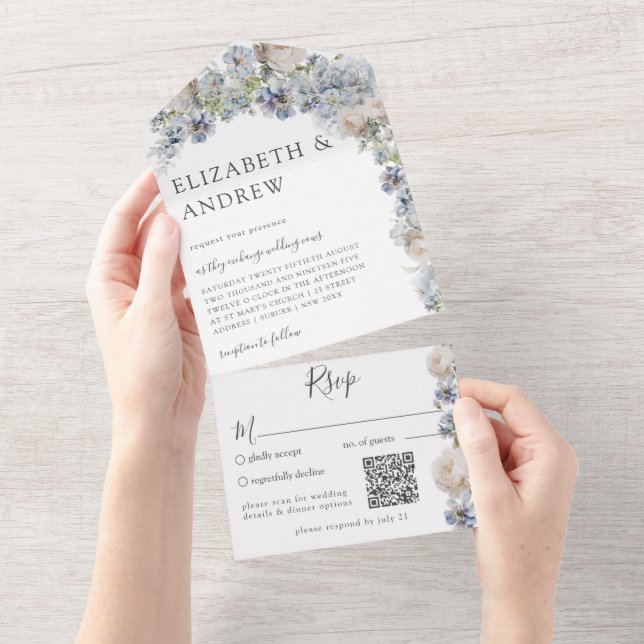 Invitación Todo En Uno Elegante código QR de Floral Azul Dusty (desgarro)