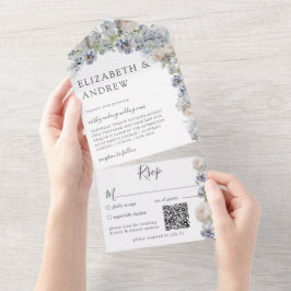 Invitación Todo En Uno Elegante código QR de Floral Azul Dusty