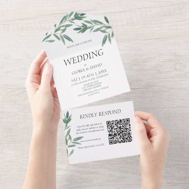 Invitación Todo En Uno Elegante Código QR de follaje verde (desgarro)