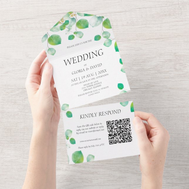 Invitación Todo En Uno Elegante Código QR de follaje verde (desgarro)