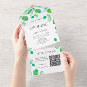 Invitación Todo En Uno Elegante Código QR de follaje verde