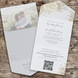 Invitación Todo En Uno Elegante código QR de foto floral en acuarela marf