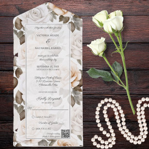 Invitación Todo En Uno Elegante código QR de rosas blancas