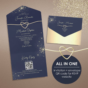 Invitación Todo En Uno Elegante Código QR Dorado y Azul Marino para Boda