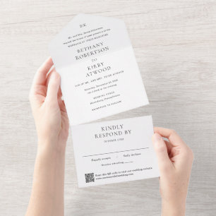 Invitación Todo En Uno Elegante código QR en blanco y negro para boda clá