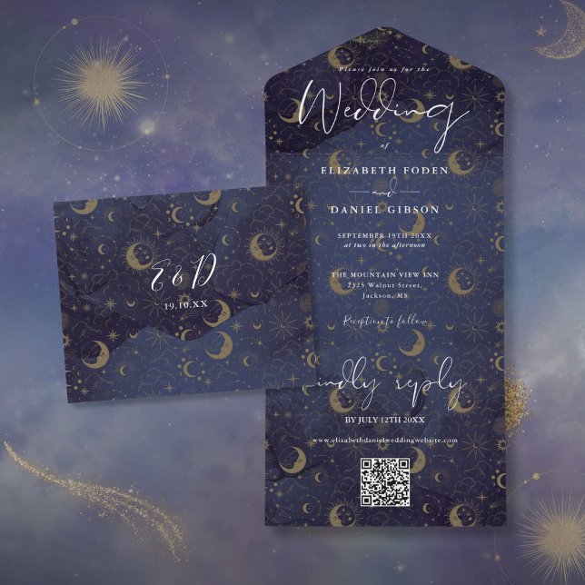 Invitación Todo En Uno Elegante Código QR Espiritual Celestial para Boda (Elegant Celestial Spiritual QR Code Wedding All In One Invitation)