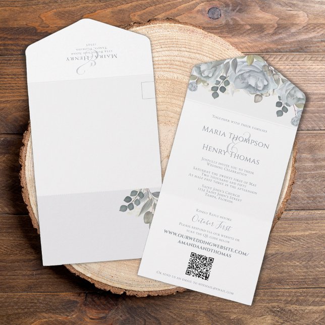 Invitación Todo En Uno Elegante código QR Floral azul RSVP en línea simpl (Elegant light blue floral rose with simple white background and QR code. )