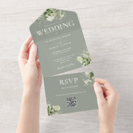Invitación Todo En Uno Elegante código QR floral de vegetación de salvia 