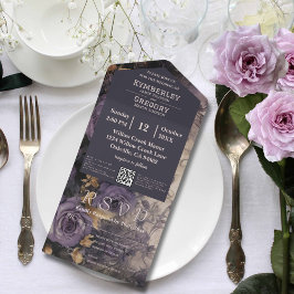 Invitación Todo En Uno Elegante Código QR floral Rosa morado oscuro