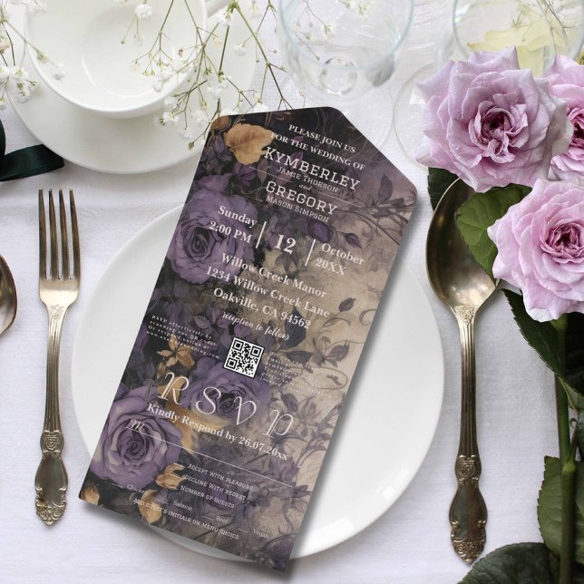 Invitación Todo En Uno Elegante código QR gótico-negro Rosa púrpura (Subido por el creador)