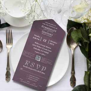 Invitación Todo En Uno Elegante código QR gris berenjena de otoño