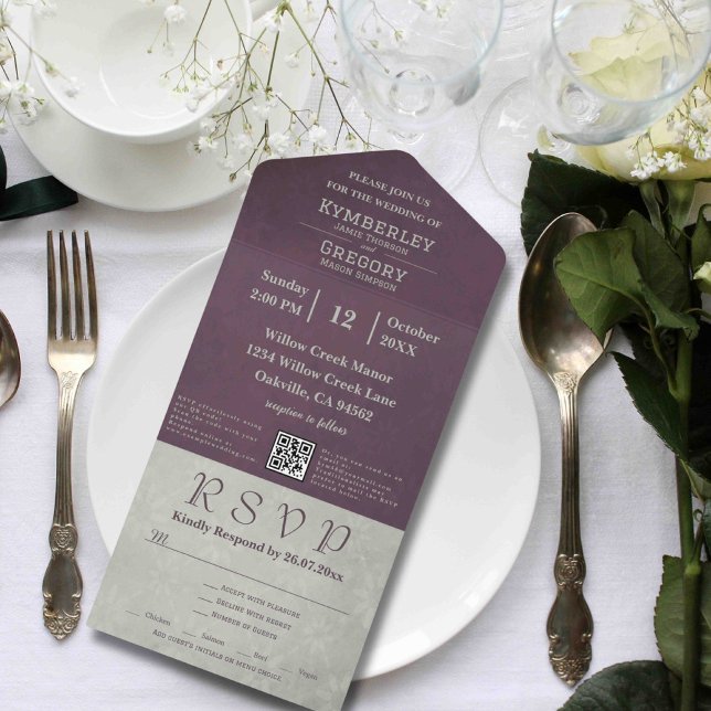 Invitación Todo En Uno Elegante código QR gris salvia de berenjena de oto (Subido por el creador)