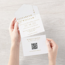 Invitación Todo En Uno Elegante Código QR Monograma Minimalista Dorado Bo