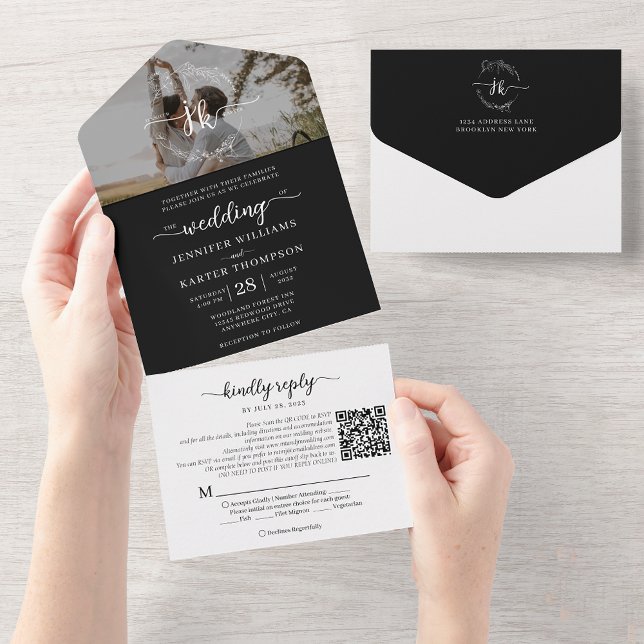 Invitación Todo En Uno Elegante código QR monograma negro Foto Boda (Subido por el creador)