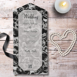 Invitación Todo En Uno Elegante código QR para Rosas grises y negros
