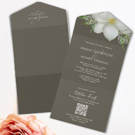 Invitación Todo En Uno Elegante código QR RSVP Simple Magnolia blanca en 