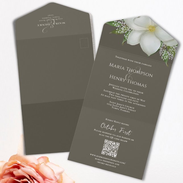 Invitación Todo En Uno Elegante código QR RSVP Simple Magnolia blanca en  (Elegant QR Code tri-fold magnolia all in one invitation invitation)