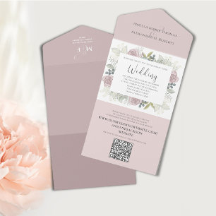 Invitación Todo En Uno Elegante código QR Rubor Rosa floral rosa RSVP en
