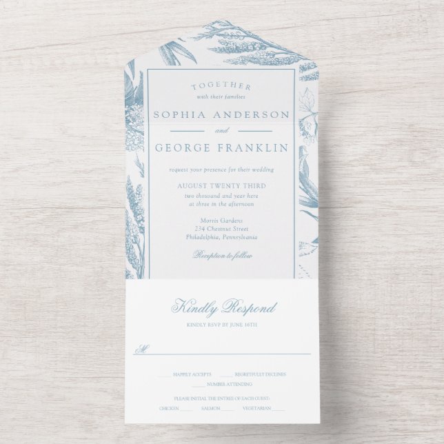 Invitación Todo En Uno Elegante color azul turbio botánico (Interior)