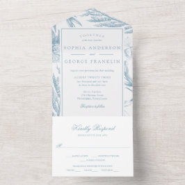 Invitación Todo En Uno Elegante color azul turbio botánico