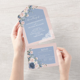 Invitación Todo En Uno Elegante color azul turbio Rubor rosa Rústico enca