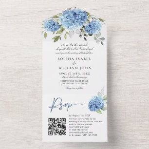 Invitación Todo En Uno Elegante color de agua azul Hydrangea QR Boda de c