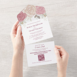 Invitación Todo En Uno Elegante color de agua de Borgoña Floral QR Código