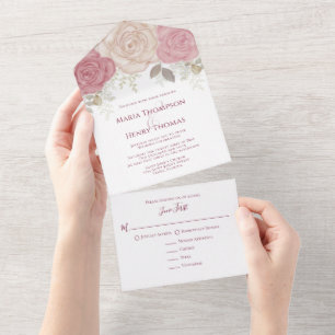 Invitación Todo En Uno Elegante color de agua de Borgoña Rosa floral oro