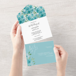 Invitación Todo En Uno Elegante color de agua de flores de campo azul