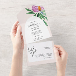 Invitación Todo En Uno Elegante color de agua rosado rosado de Lotus
