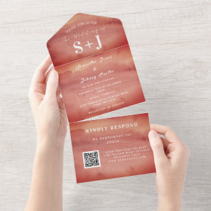 Invitación Todo En Uno Elegante color de agua Terracota QR Boda de código