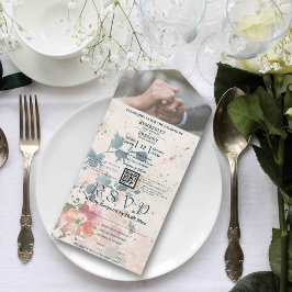 Invitación Todo En Uno Elegante color de agua verde rosa Floral QR Código
