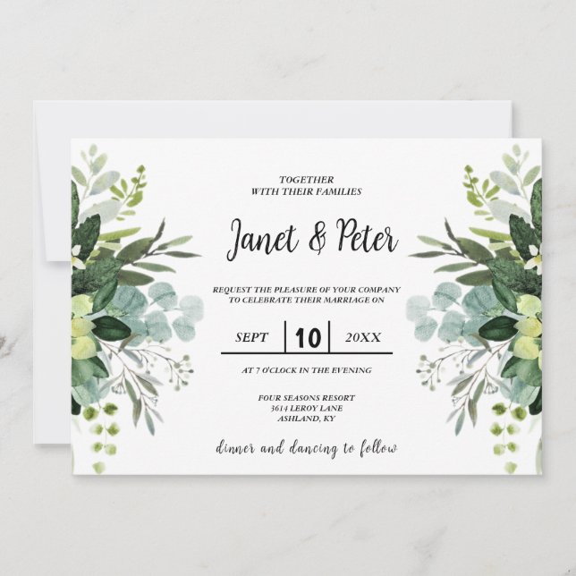 Invitación Todo en uno, elegante con hojas de eucalipto Boda (Anverso)