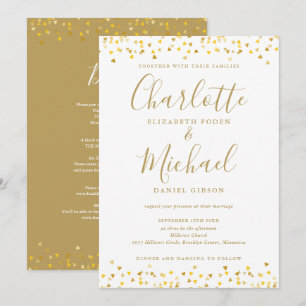 Invitación Todo en uno elegante corazones de oro confeti boda