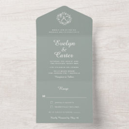 Invitación Todo En Uno Elegante Corona Floral Salvia Verde Boda 