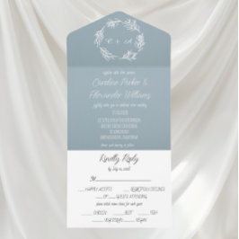 Invitación Todo En Uno Elegante Corona Rústica Azul Polvoriento Simple Ún