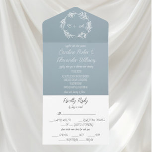 Invitación Todo En Uno Elegante Corona Rústica Azul Polvoriento Simple Ún