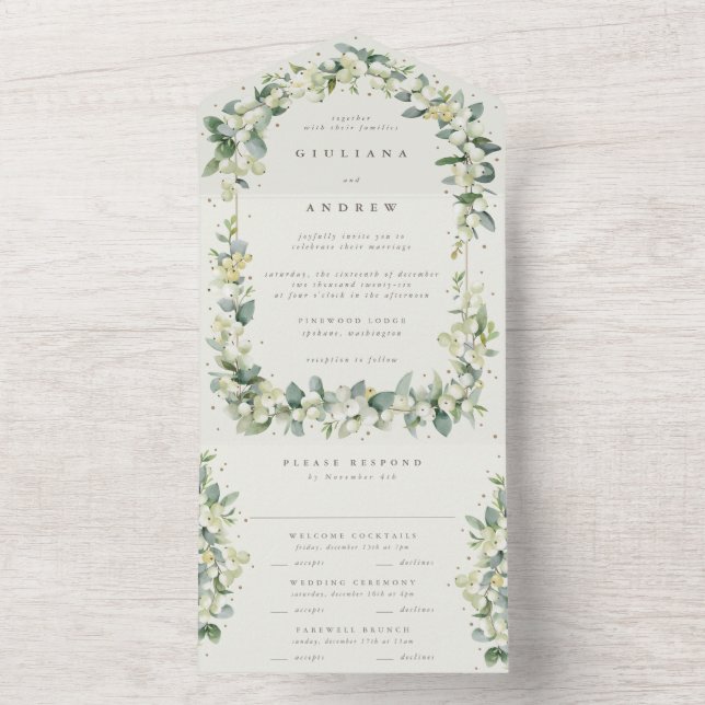 Invitación Todo En Uno Elegante Cream Snowberry+Eucalyptus Boda de Invier (Interior)