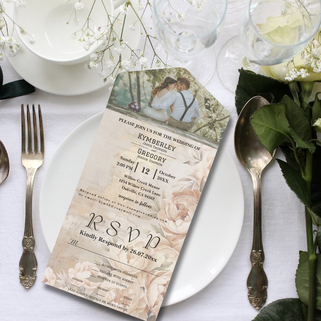 Invitación Todo En Uno Elegante Crema Blanca Peony Floral Photo Email (Subido por el creador)