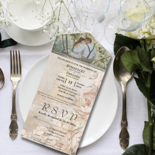 Invitación Todo En Uno Elegante Crema Blanca Peony Floral Photo Email