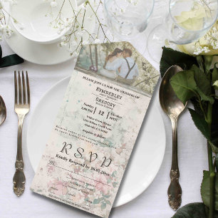 Invitación Todo En Uno Elegante Crema Rosa Watercolor Floral Pareja Foto