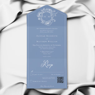 Invitación Todo En Uno Elegante Cresta de Pájaro Chinoiserie Azul Boda QR