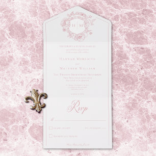 Invitación Todo En Uno Elegante Cresta de Pájaro Chinoiserie Rosa para Bo