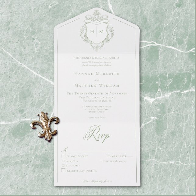 Invitación Todo En Uno Elegante Cresta de Pájaro Chinoiserie Verde para B (Elegant Green Chinoiserie Bird Crest Wedding All In One Invitation)