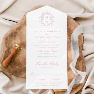 Invitación Todo En Uno Elegante Cresta de Rosa Monograma de Chinoiserie p