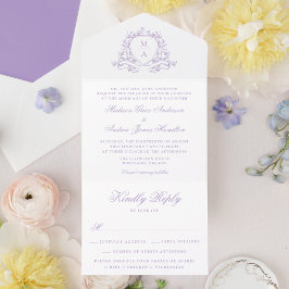 Invitación Todo En Uno Elegante Cresta Floral de Lavanda Monograma de Bod