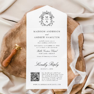 Invitación Todo En Uno Elegante Cresta Negra Monograma Chinoiserie Boda