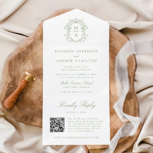 Invitación Todo En Uno Elegante Cresta Verde Chinoisería Monograma de Bod