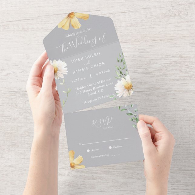 Invitación Todo En Uno Elegante Daisy | Invitación Gris En Una Boda (desgarro)