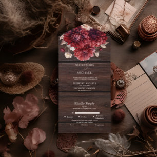 Invitación Todo En Uno Elegante dalia borgoña a la acuarela para boda